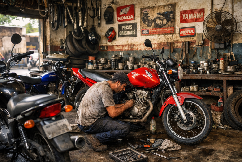 oficina mecânica independente realizando manutenção em motocicletas
